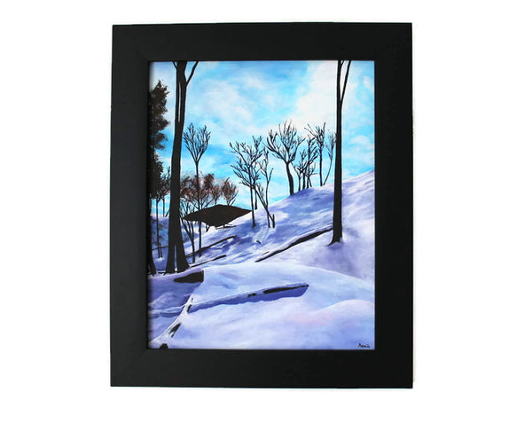 Tranquil Zen Fresh Snow Canadian Winter Landscape Painting, Original painting of serene pristine Canadian Winter in a Ravine in Toronto, Canada with blue sky, white snow and trees and branches