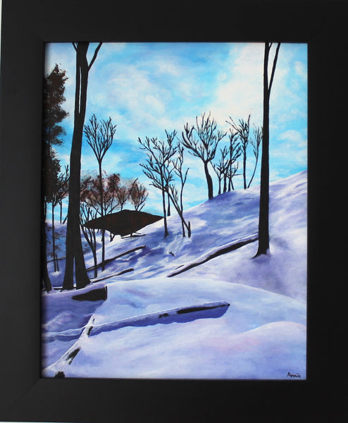 Canadian Serene Winter Painting, Original painting of serene pristine Canadian Winter in a Ravine in Toronto, Canada with blue sky, white snow and trees and branches