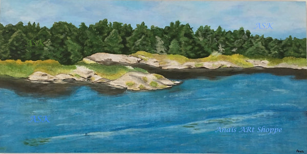 Lake painting, original acrylic landscape painting of Lake of the Woods, Ontario, Canada, cottage country, lakeshore, rocks, blue sky and clouds, gift for nature lover.