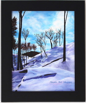 Canadian Winter, Original painting of serene pristine Canadian Winter in a Ravine in Toronto, Canada with blue sky, white snow and trees and branches