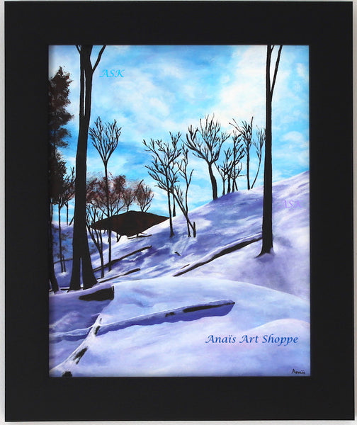 Serene Canadian Winter Painting, Original painting of serene pristine Canadian Winter in a Ravine in Toronto, Canada with blue sky, white snow and trees and branches