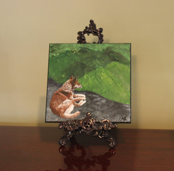 Wild Fox painting on a stand, the Lookout original acrylic wildlife painting 