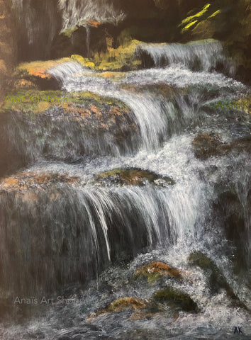 Water stream flowing over rocks landscape painting Anais Art Shoppe, fine art acrylic painting 