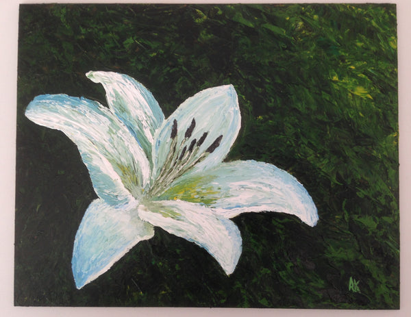 White lily painting, In Bloom, Still Life Acrylic Painting Canadian artist , Canadian art