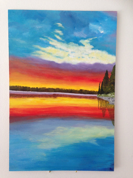Sunrise over a lake original painting, semi-abstract landscape painting, wall hanging, home decor, original art