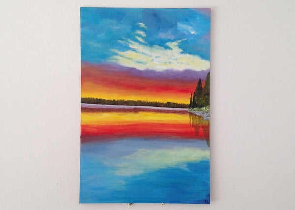 Sun rise over a lake, semi-abstract landscape painting, home decor, original art