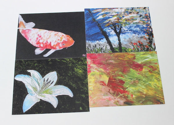 Variety Pack of four different art note cards, Koi Fish card, White Lily Card, Spring Meadow Card, Abstract A Dream Gone Wild Nature Card for weddings, birthdays, graduations, Christmas, thank you cards