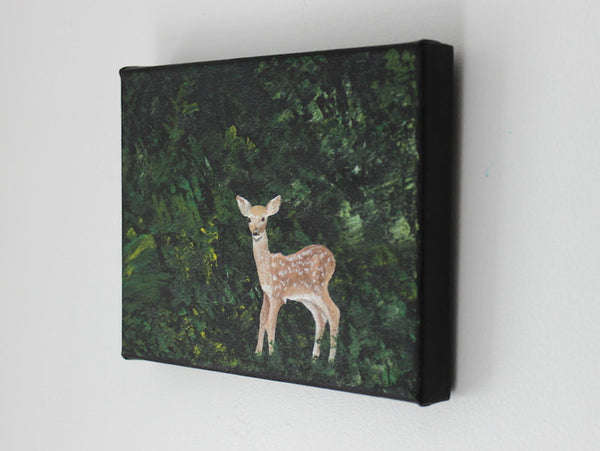 A painting of a young deer on canvas, wildlife painting on canvas, original acrylic painting of a deer in a forest, Bambi painting