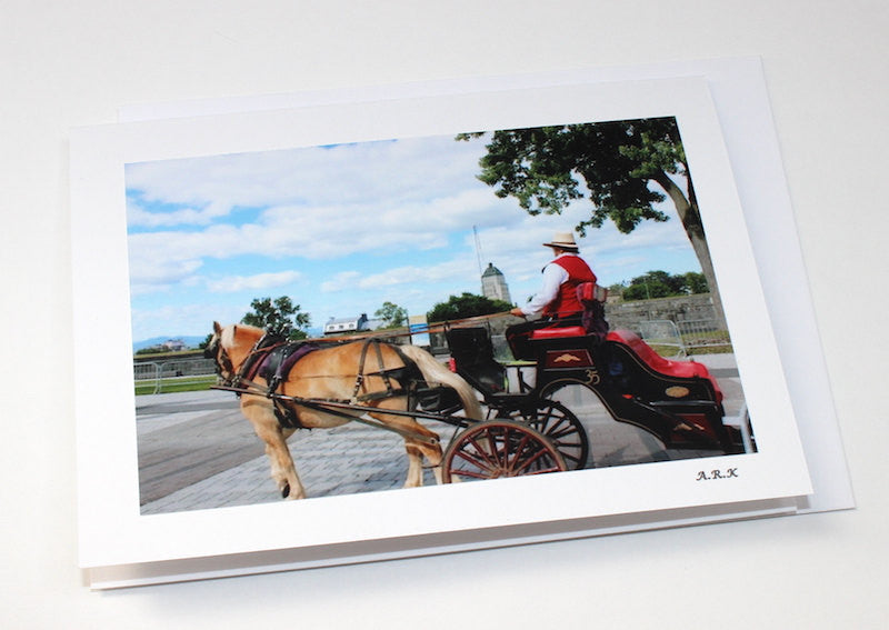 All purpose greeting cards, romantic blank photo cards for wedding invitations, wedding gift cards, anniversary, birthdays, photo of horse drawn carriage in Quebec, Canada, Vill de Quebec, Canada