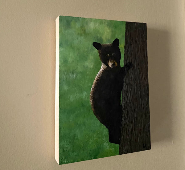 Young bear painting on canvas, bear cub climbing a tree painting on canvas, small wildlife painting for nursery , children's room