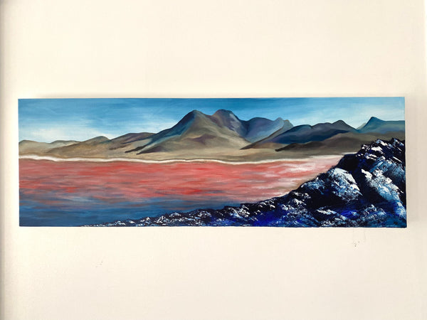 Red lake in Bolivia, Laguna Colorada Painting, Red Lagoon in Bolivia, Original Landscape Canadian landscape artist Anaïs Kreklewich, Painting of Laguna Colorada in Bolivia, Red Lagoon Painting, Abstract Acrylic Painting of lake on Canvas, Creative artwork