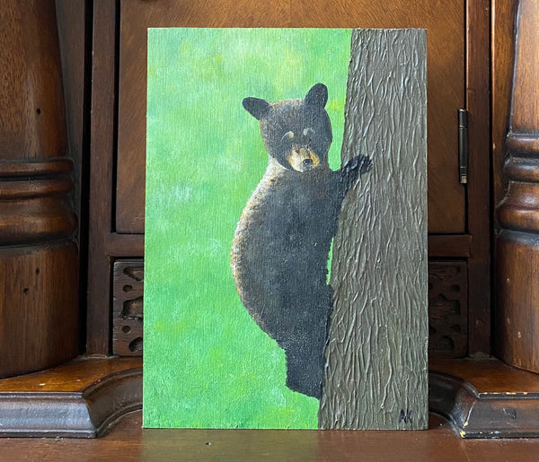 Original painting , Young bear cub painting on canvas, bear cub climbing a tree painting on canvas, small wildlife painting 